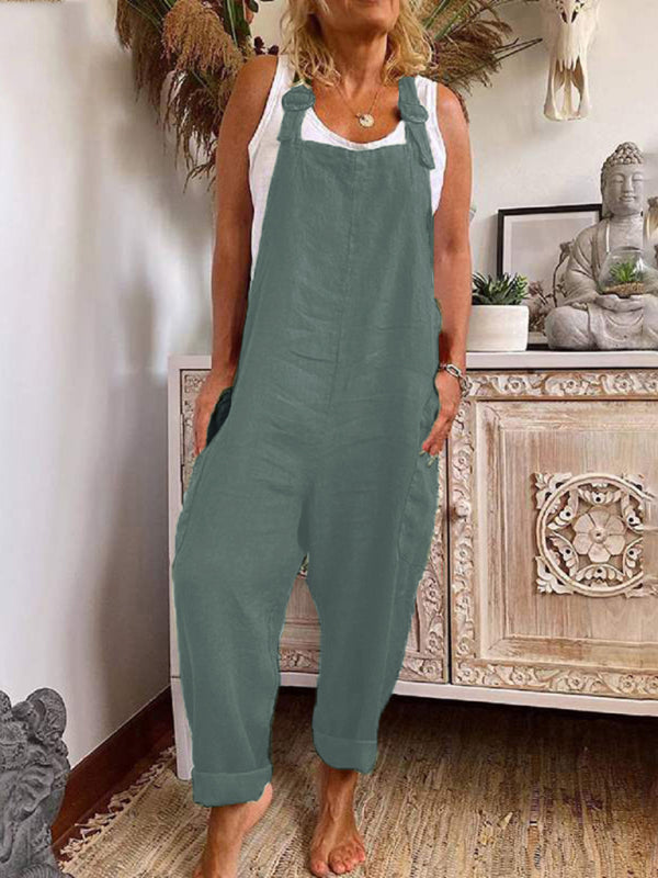 Wide-leg jumpsuit women's adjustable buckle cotton and linen pocket overalls – front view
