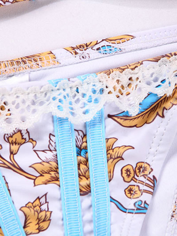 Damen-Bikini-Set aus Strick mit Blumenmuster und Schnürung 