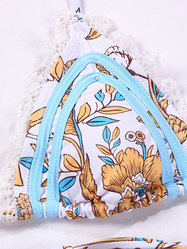 Damen-Bikini-Set aus Strick mit Blumenmuster und Schnürung 