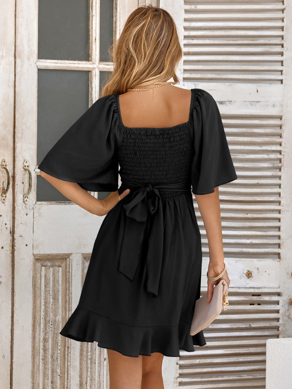 einfarbiges Sommerkleid mit V-Ausschnitt und Rüschen an der Taille für Damen 
