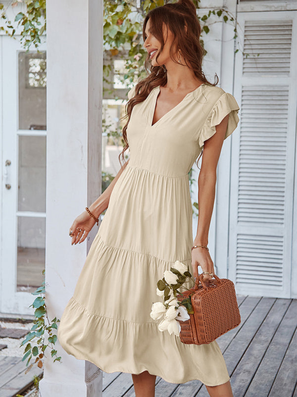 Women's Casual V Neck Flying Sleeves Solid Color Dress - Closther