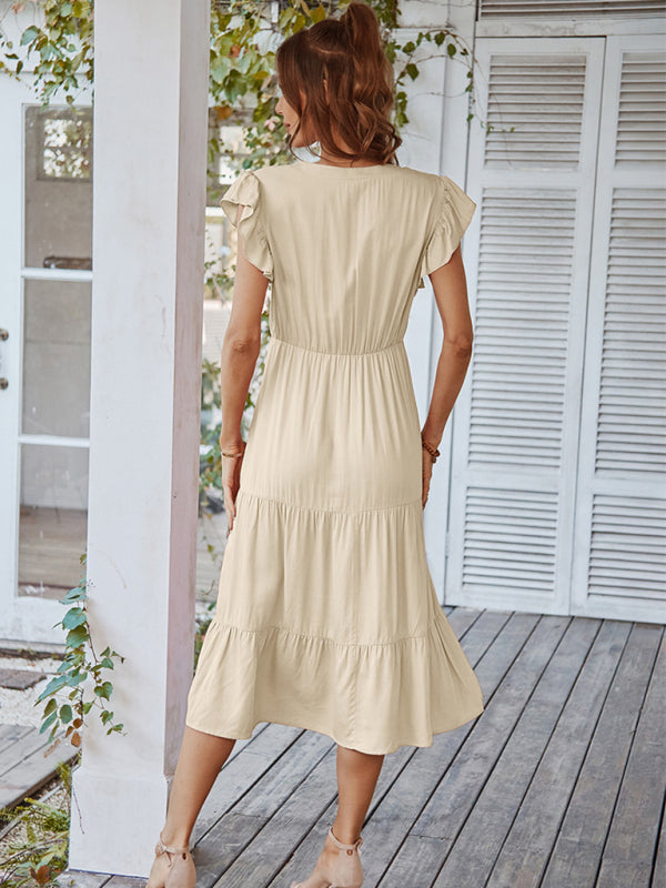 Women's Casual V Neck Flying Sleeves Solid Color Dress - Closther