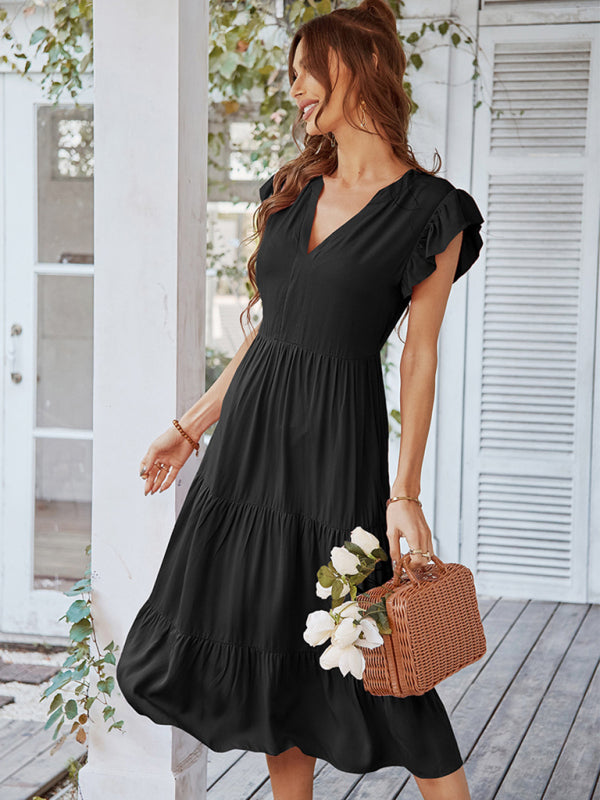 Women's Casual V Neck Flying Sleeves Solid Color Dress - Closther