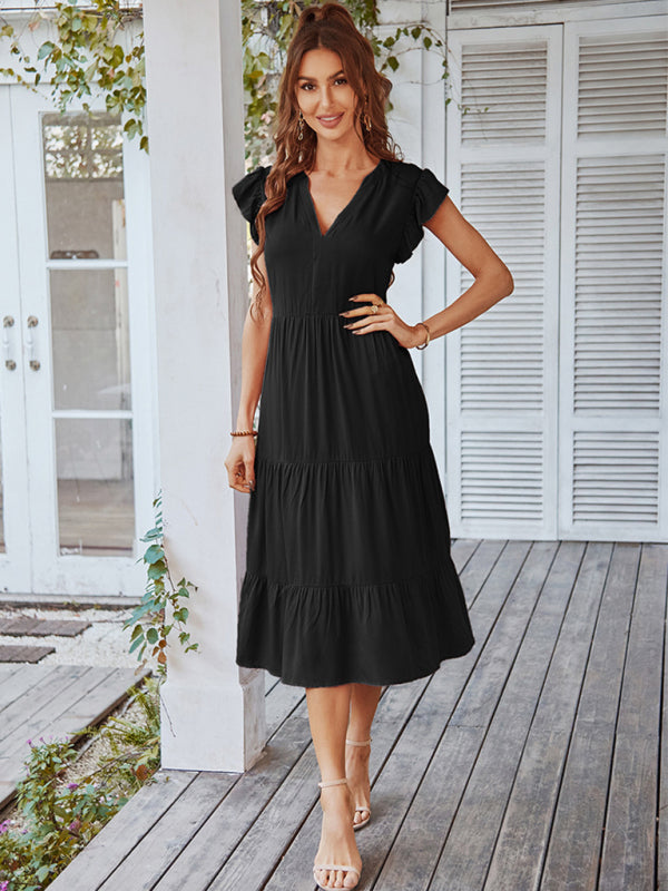 Women's Casual V Neck Flying Sleeves Solid Color Dress - Closther