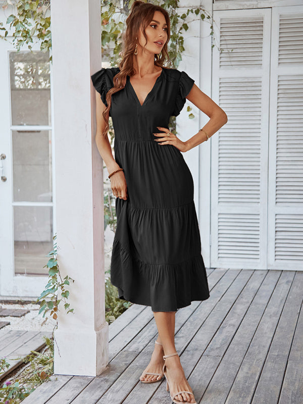 Women's Casual V Neck Flying Sleeves Solid Color Dress - Closther