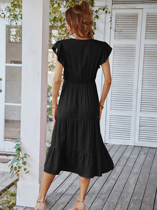 Women's Casual V Neck Flying Sleeves Solid Color Dress - Closther