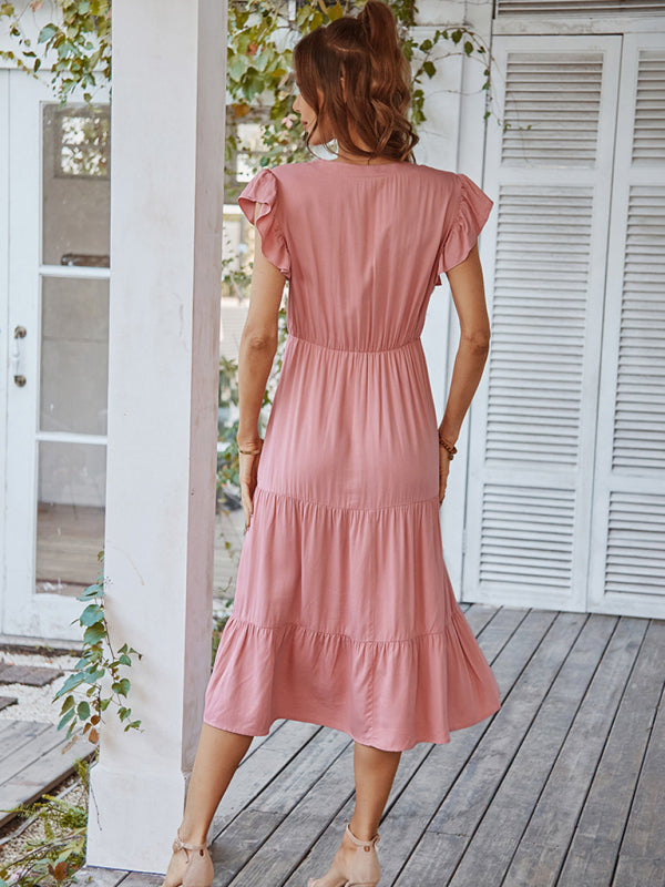 Women's Casual V Neck Flying Sleeves Solid Color Dress - Closther