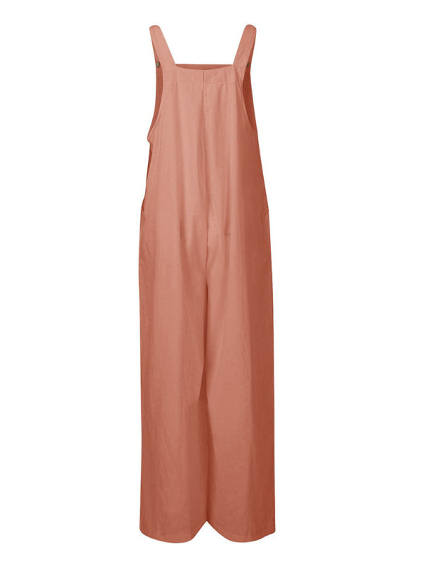 Salopette ample et décontractée en coton et lin pour femme, à jambes larges, facile à assortir. 