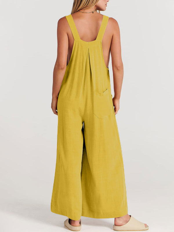 Salopette ample et décontractée en coton et lin pour femme, à jambes larges, facile à assortir. 