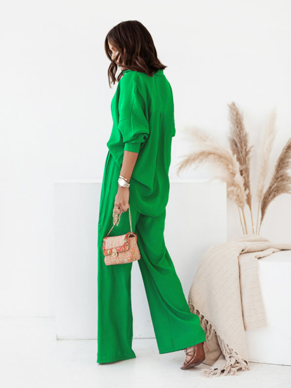 Ensemble deux pièces pour femme : chemise ample à manches longues unie et pantalon décontracté 