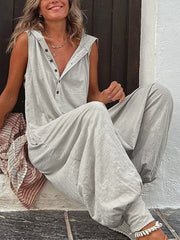 Women's Solid Color Button Hooded Sleeveless Trousers Jumpsuit