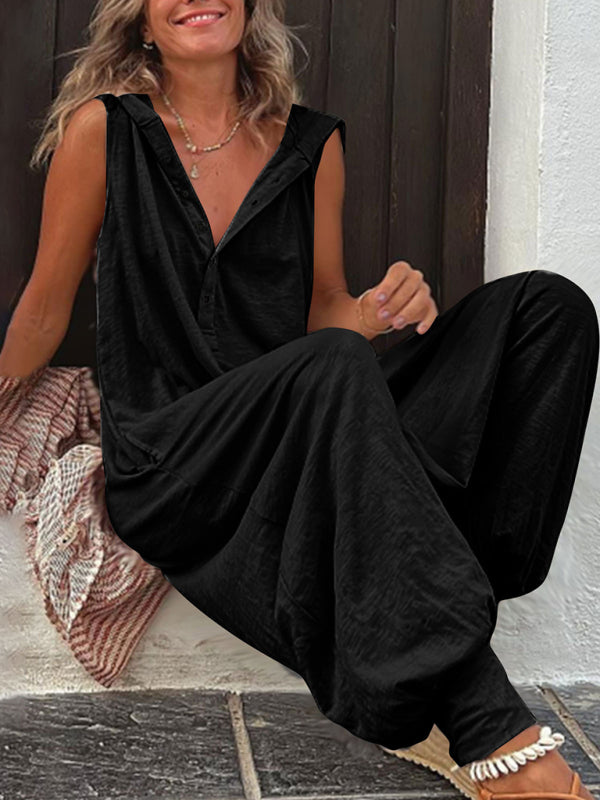 Women's Solid Color Button Hooded Sleeveless Trousers Jumpsuit
