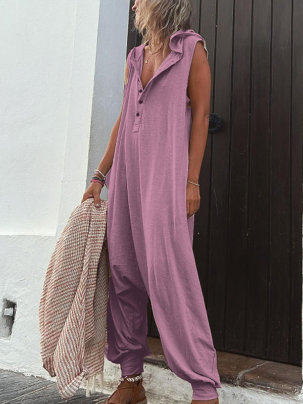 Women's Solid Color Button Hooded Sleeveless Trousers Jumpsuit