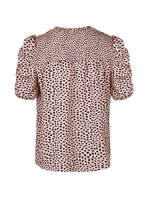 Women's Woven Casual Fashion Leopard Print Round Neck Short Sleeve Shirt - Closther