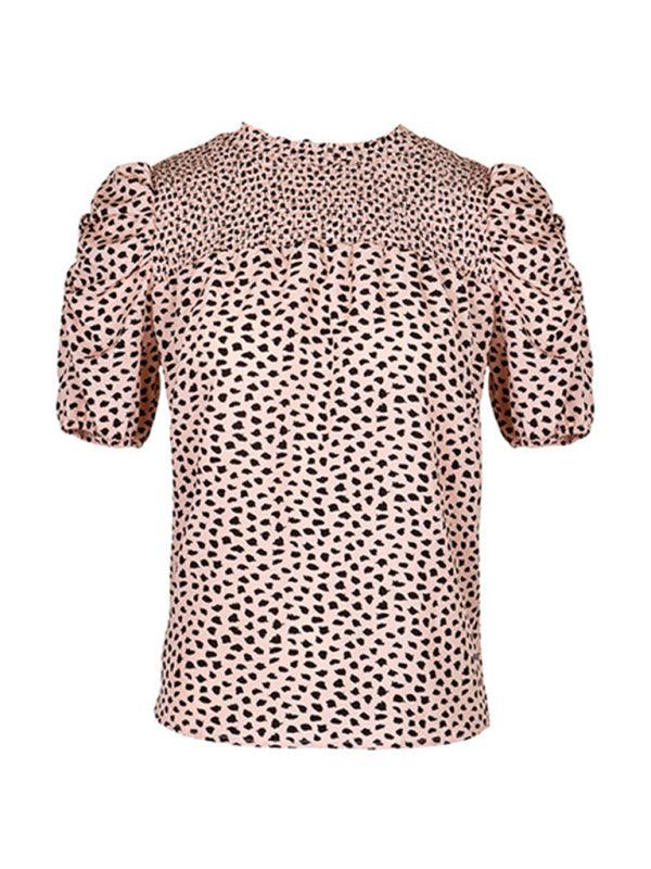 Women's Woven Casual Fashion Leopard Print Round Neck Short Sleeve Shirt - Closther