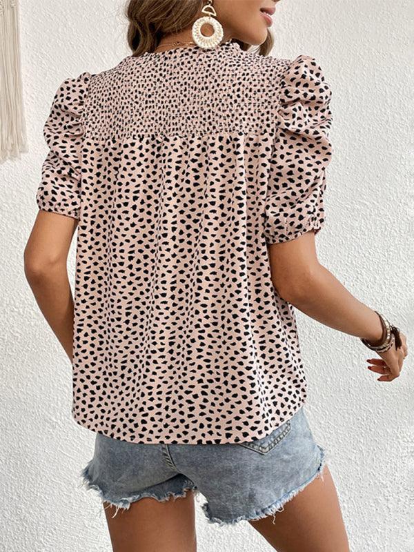 Women's Woven Casual Fashion Leopard Print Round Neck Short Sleeve Shirt - Closther