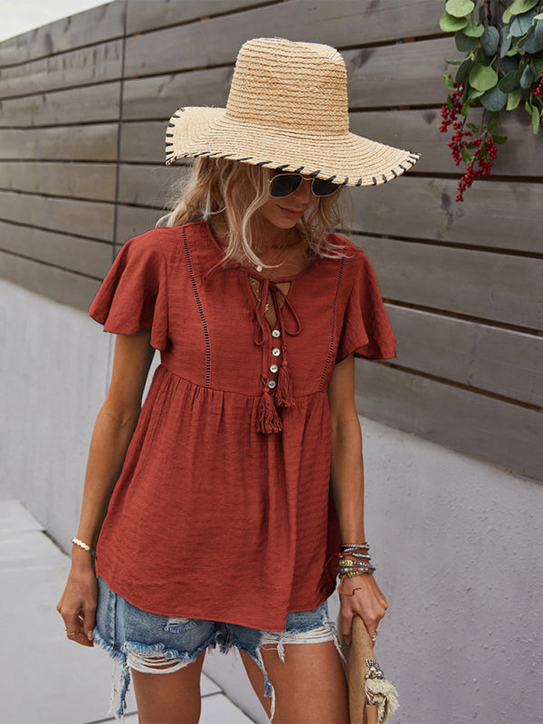 Chemise à manches courtes décontractée tissée pour femme 