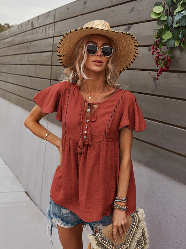 Chemise à manches courtes décontractée tissée pour femme 