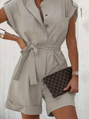 Women's linen cotton single-breasted fashion solid color jumpsuit – front view