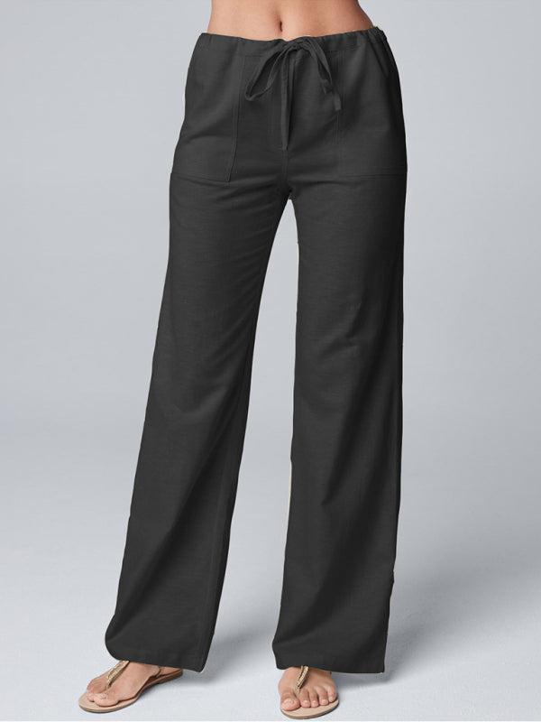 Pantalon droit décontracté en coton et lin uni pour femme, coupe ample, dentelle. 