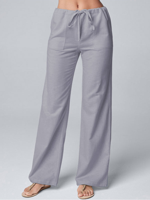 Pantalon droit décontracté en coton et lin uni pour femme, coupe ample, dentelle. 