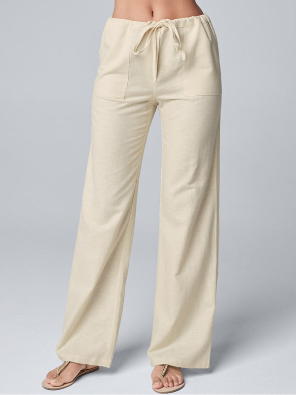 Pantalon droit décontracté en coton et lin uni pour femme, coupe ample, dentelle. 