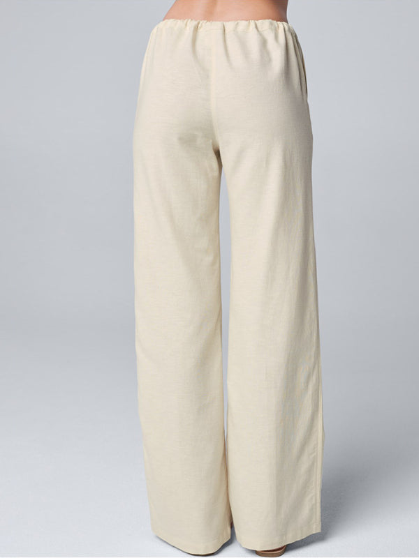Pantalon droit décontracté en coton et lin uni pour femme, coupe ample, dentelle. 