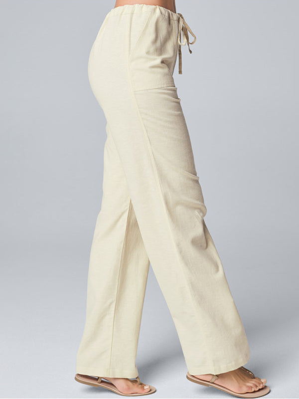 Pantalon droit décontracté en coton et lin uni pour femme, coupe ample, dentelle. 