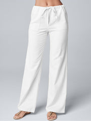 Pantalon droit décontracté en coton et lin uni pour femme, coupe ample, dentelle. 