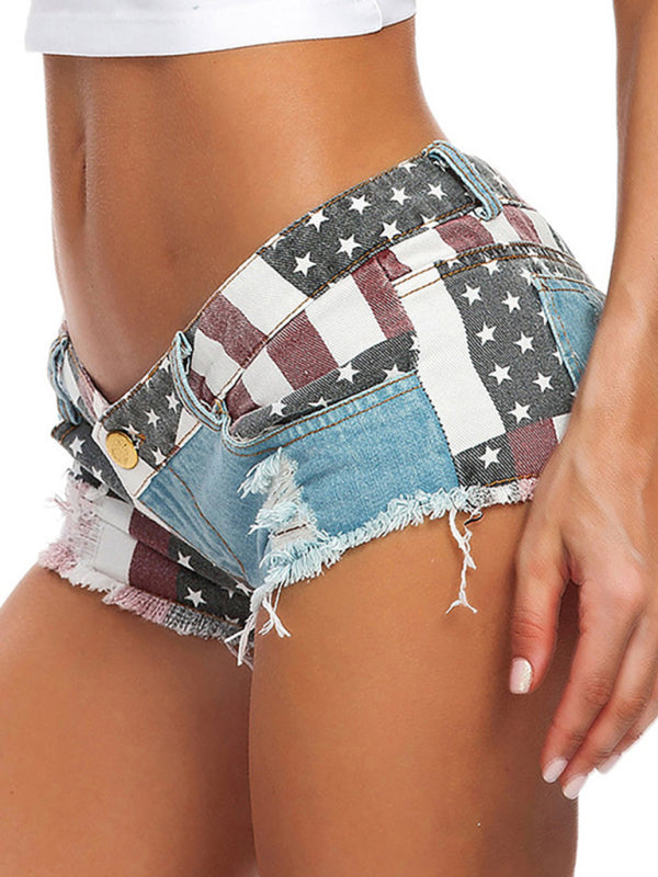 Sexy Jeansshorts mit Flaggenmuster für Damen, niedriger Bund 