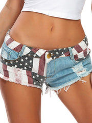 Sexy Jeansshorts mit Flaggenmuster für Damen, niedriger Bund 