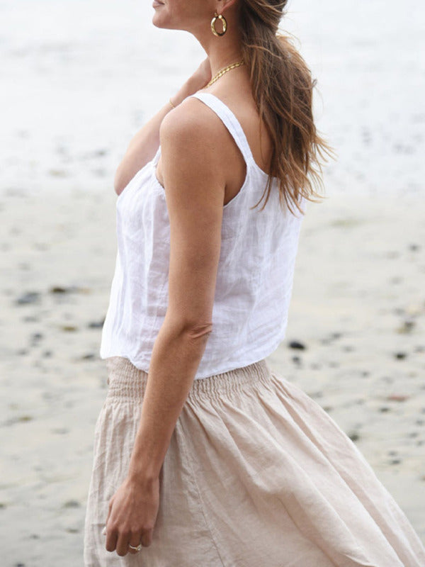 Neues französisches Nischendesign Retro Urlaubs-Freizeit-Leinen-Crop-Top mit offenem Rücken 