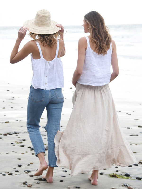 Neues französisches Nischendesign Retro Urlaubs-Freizeit-Leinen-Crop-Top mit offenem Rücken 