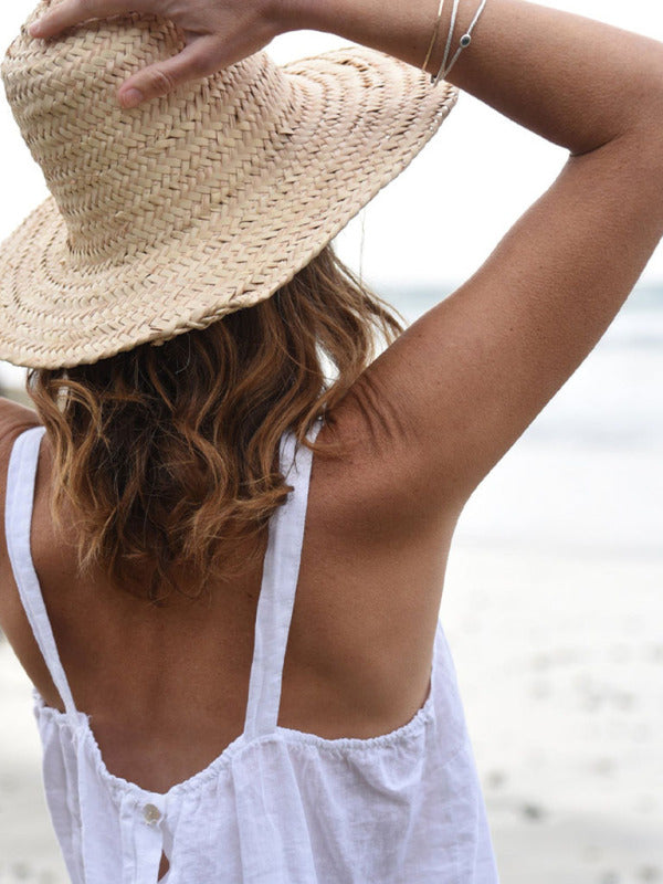Neues französisches Nischendesign Retro Urlaubs-Freizeit-Leinen-Crop-Top mit offenem Rücken 