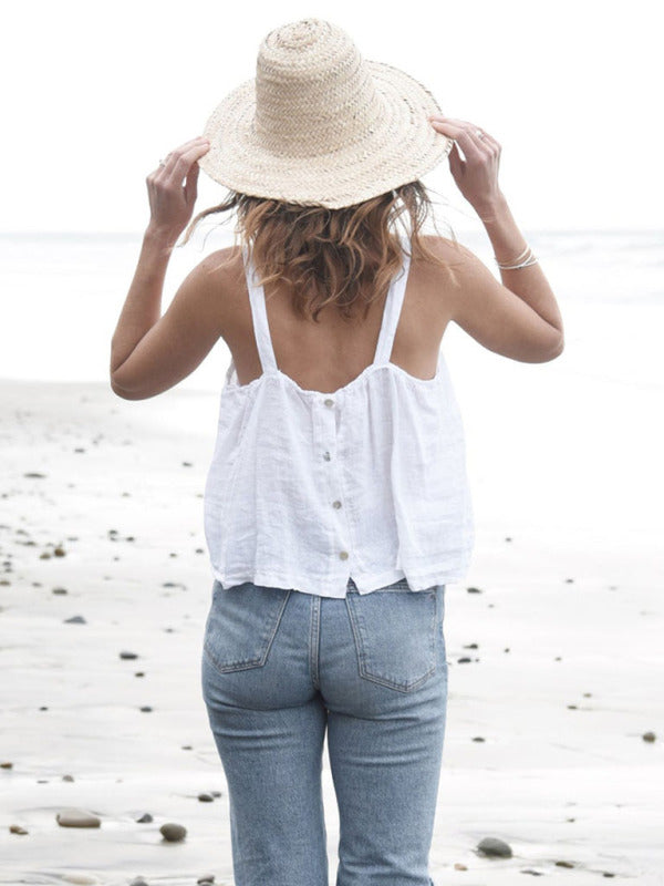Neues französisches Nischendesign Retro Urlaubs-Freizeit-Leinen-Crop-Top mit offenem Rücken 