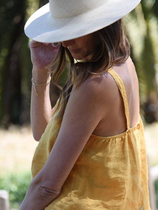 Neues französisches Nischendesign Retro Urlaubs-Freizeit-Leinen-Crop-Top mit offenem Rücken 