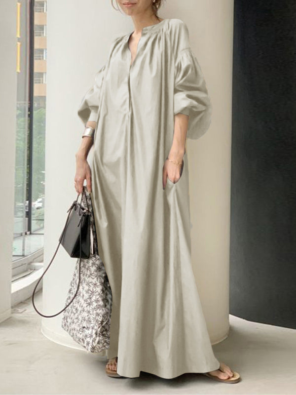 Women's Elegant Solid Color Balloon Sleeve Shirt Dress – front view