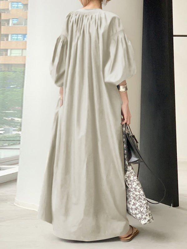 Women's Elegant Solid Color Balloon Sleeve Shirt Dress – back view