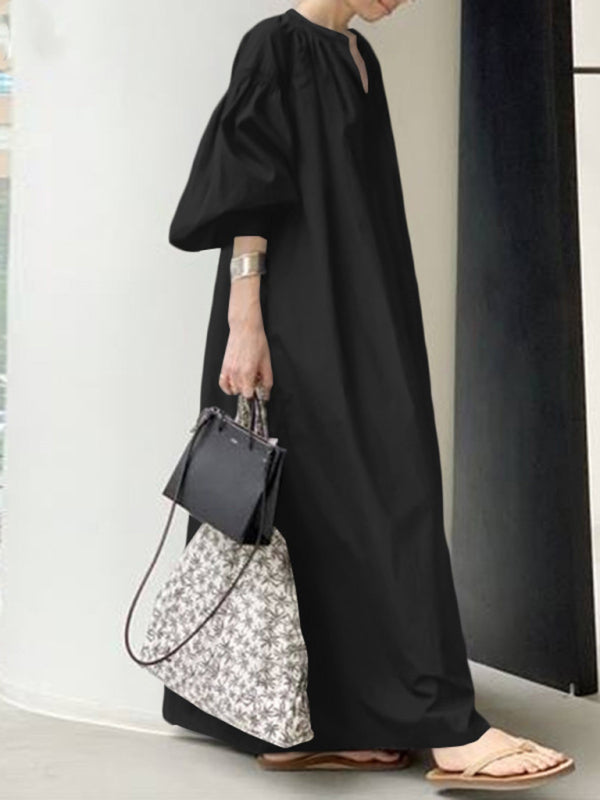 Women's Elegant Solid Color Balloon Sleeve Shirt Dress – detail view