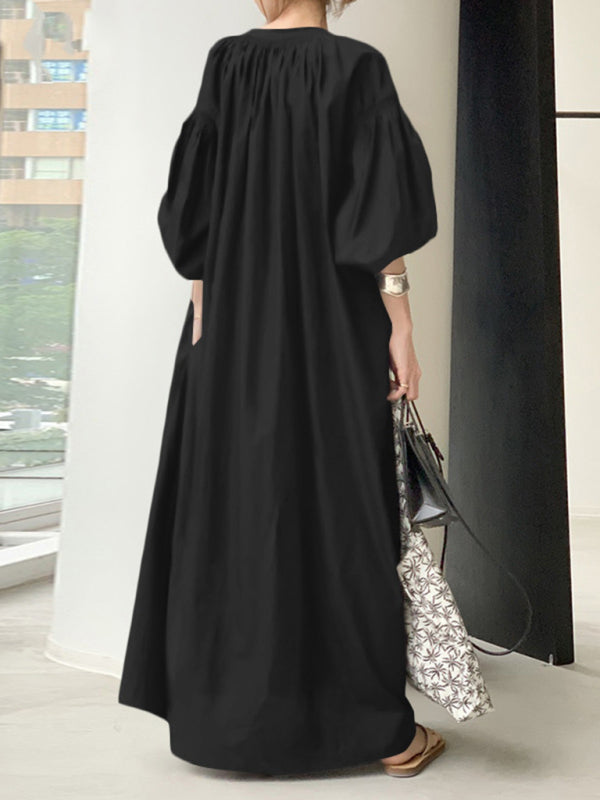 Women's Elegant Solid Color Balloon Sleeve Shirt Dress – closeup view