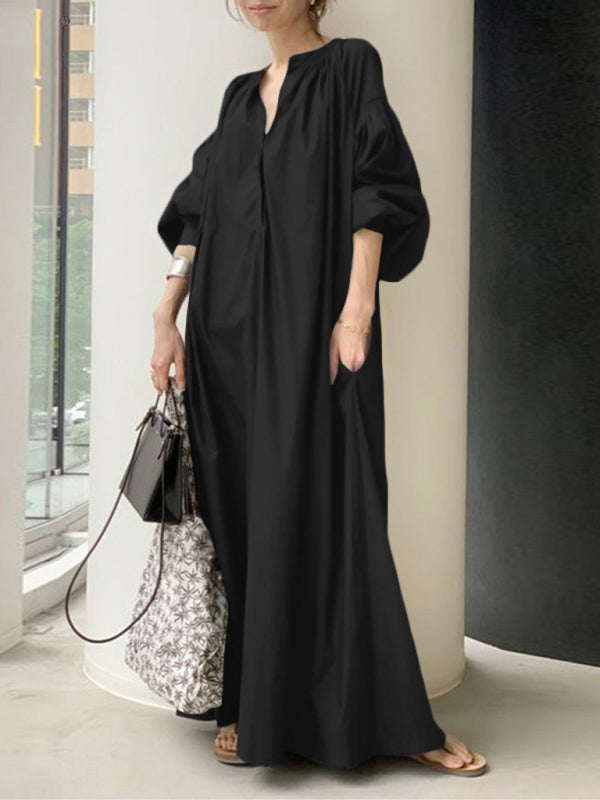 Elegantes, einfarbiges Hemdblusenkleid mit Ballonärmeln für Damen 