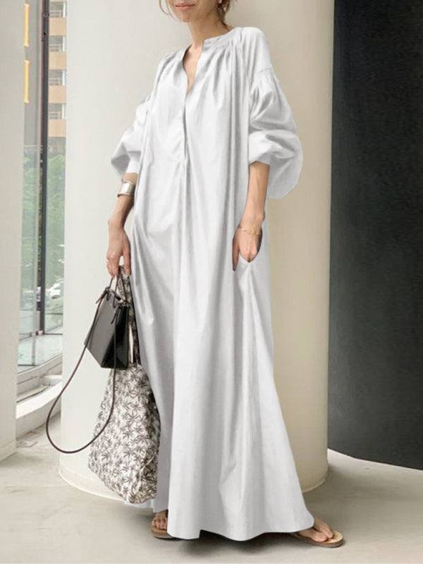 Women's Elegant Solid Color Balloon Sleeve Shirt Dress – detail view