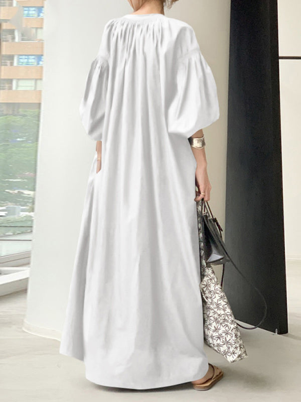 Women's Elegant Solid Color Balloon Sleeve Shirt Dress – detail view