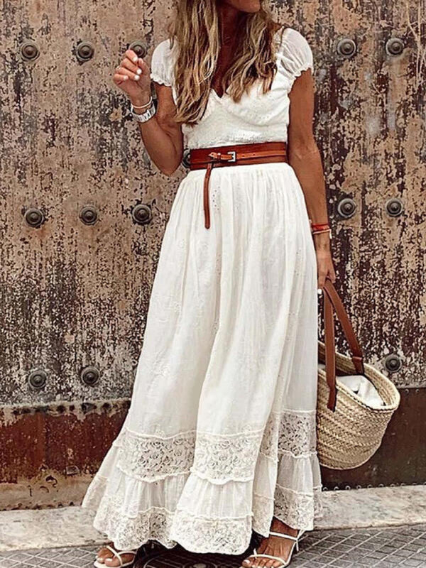 Neues elegantes langes Kleid mit V-Ausschnitt und Spitzenbesatz 
