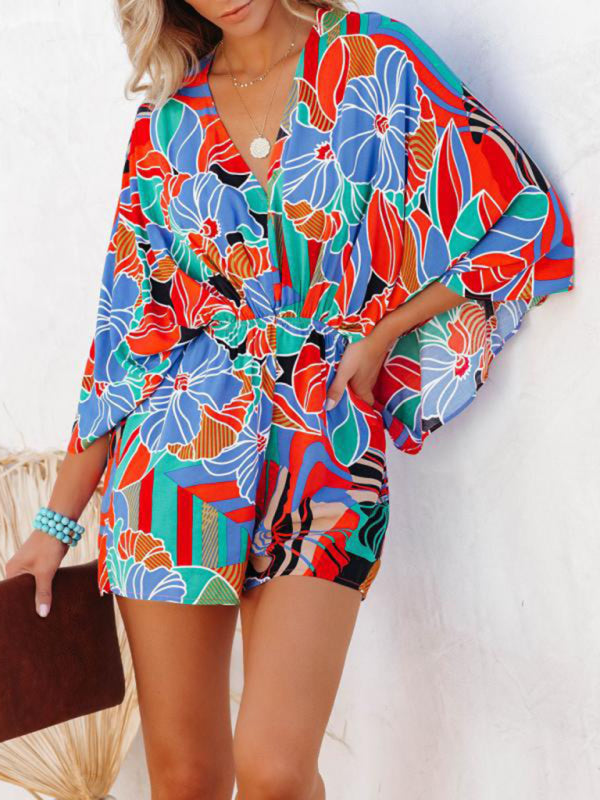 New Elegant Casual Fashion Printed Waist Short Sleeve Jumpsuit – back view