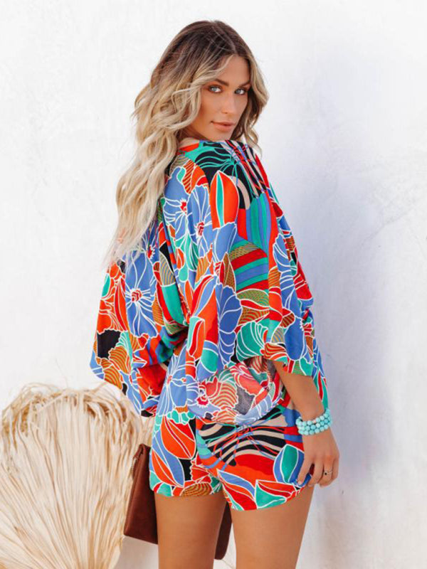 New Elegant Casual Fashion Printed Waist Short Sleeve Jumpsuit – side view