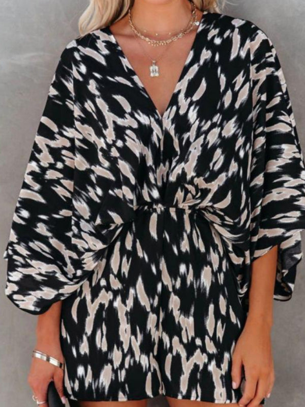 New Elegant Casual Fashion Printed Waist Short Sleeve Jumpsuit – lifestyle view
