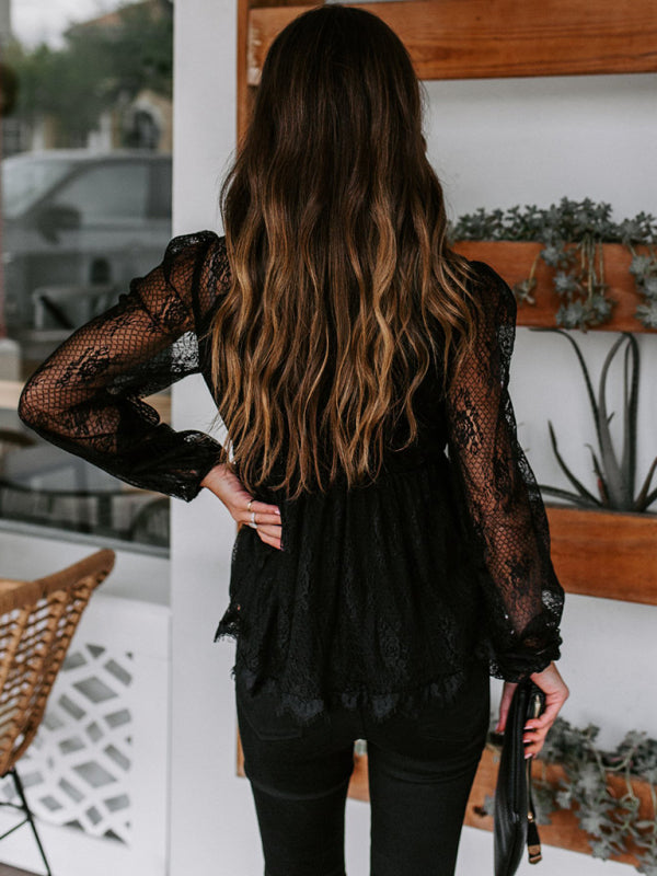 New Lace Embroidery Stitching Lace Bow Tie Long Sleeve Top - Closther