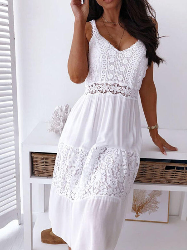 Neues europäisches und amerikanisches sexy Strandkleid mit Spitzenbesatz und Trägern 