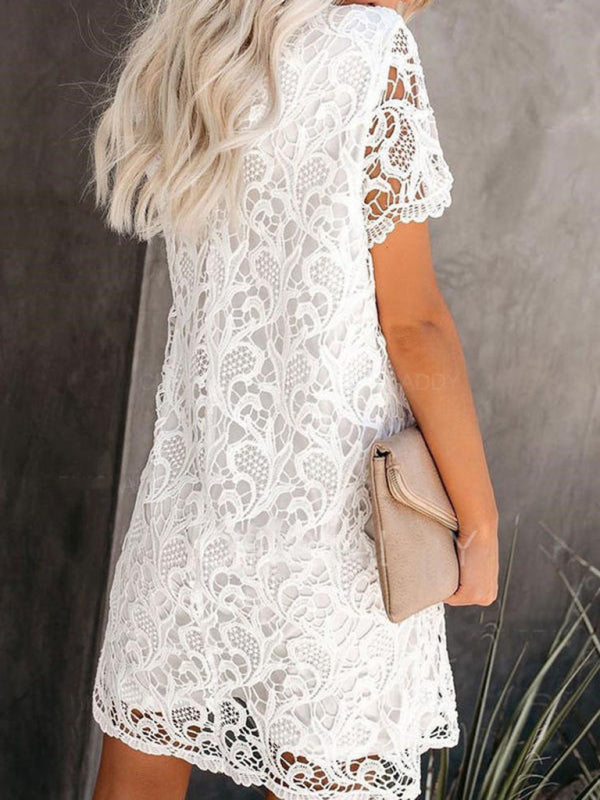 New casual and elegant round neck hollow lace midi dress - Closther